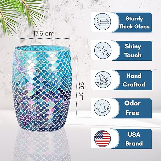 Escenzy Mermaid Bathroom Trash Can Mosaic Glass 5L | Decorative Small Garbage Can | 7 x 10 | Luxury Waste Basket for Restroom Office Bedroom &amp Kitchen | Shiny Glass Mermaid Bathroom Accessorie