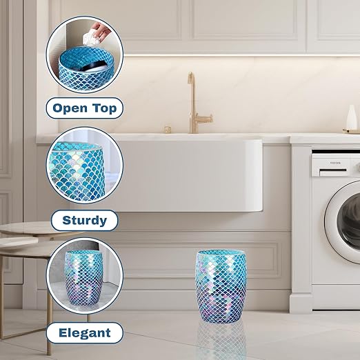 Escenzy Mermaid Bathroom Trash Can Mosaic Glass 5L | Decorative Small Garbage Can | 7 x 10 | Luxury Waste Basket for Restroom Office Bedroom &amp Kitchen | Shiny Glass Mermaid Bathroom Accessorie