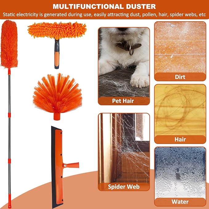 20+ Feet High Reach Duster Kit with 3-14 ft Extension Pole High Ceiling Dusting and Window Cleaning Kit with Spliceable Pole - Window Washer &amp Squeegee Cobweb Duster Fan Blade and Feather Duster
