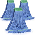 Matthew Cleaning Commercial Mop Head Replacement 5 Inch Wide Headband Looped End Cotton Blend String Wet Mops for Floor Cleaning 18 oz Medium 3-Pack Blue