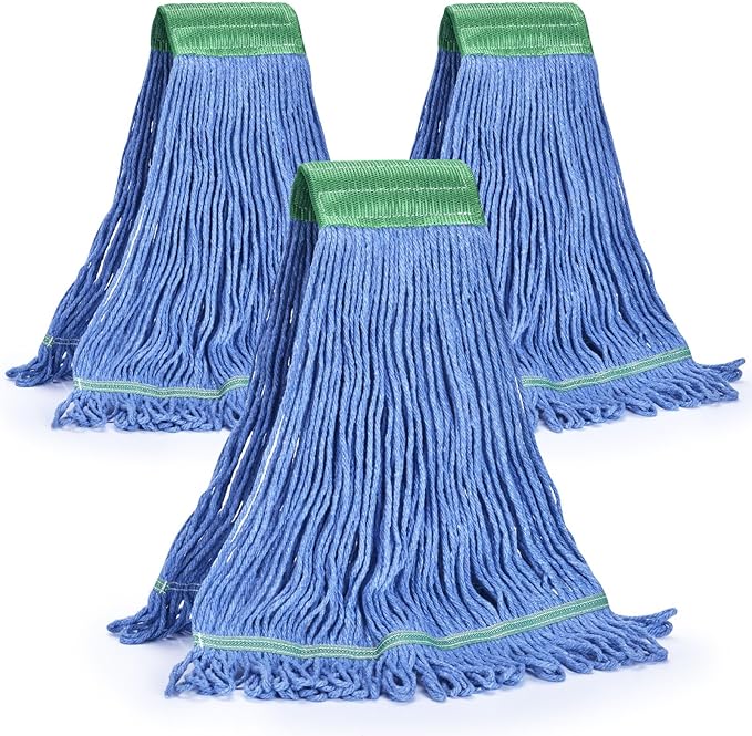 Matthew Cleaning Commercial Mop Head Replacement 5 Inch Wide Headband Looped End Cotton Blend String Wet Mops for Floor Cleaning 18 oz Medium 3-Pack Blue