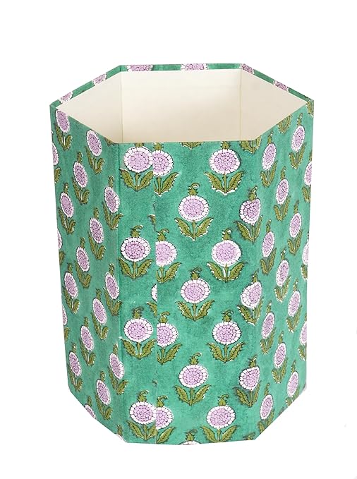 Handmade Cotton Paper Waste Basket Stylish Trash Can for Home or Office (1 Green FLOWAR)