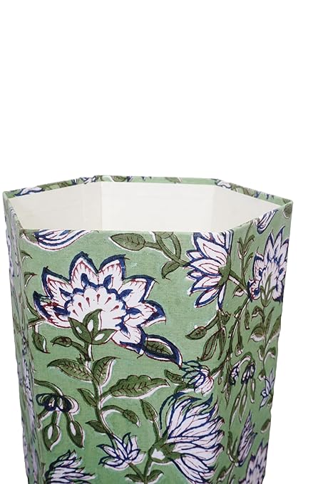 Generic 3.3 Gallon Cotton Hand Block Printed Paper Waste Basket |Small Decorative Trash Can for Housewarming Gifts in Living Room Bedroom Bathroom | Eco-Friendly Plastic-Free (1 D BLUE GREEN)