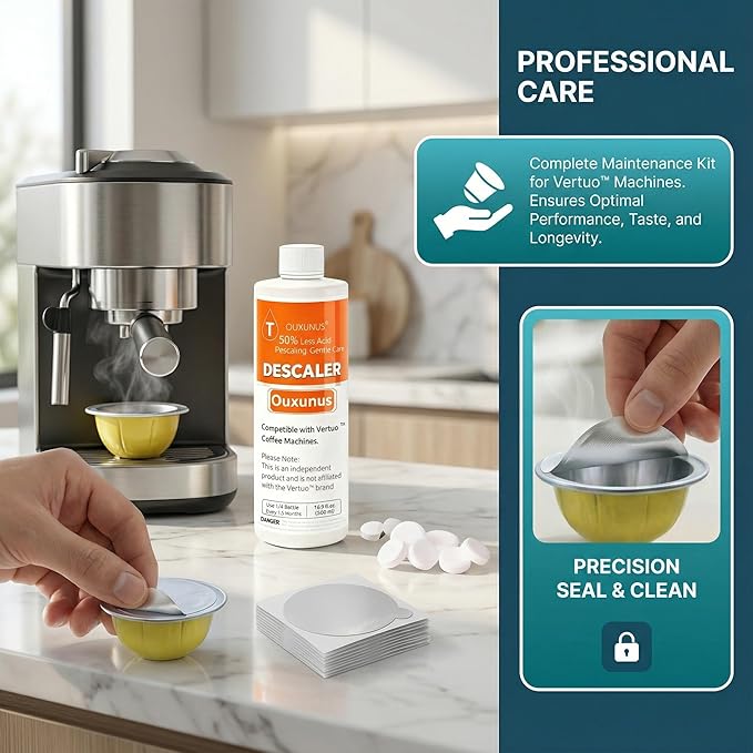 Complete Care Kit for Hard Water &amp Well Users Compatible with Nespresso Vertuo Coffee Machines 16.9 fl Oz Gentle Descaler (4 Uses) 8 Cleaning Tablets &amp 8 Capsule Foil Seals