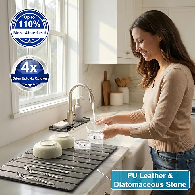 Large PU Leather Surface Quick Drying Dish Drying Mat with Diatomaceous Earth Stone For Kitchen Counter 25x16 – Foldable and Absorbent Kitchen Counter Mat Includes Silicone Faucet Mat Gray