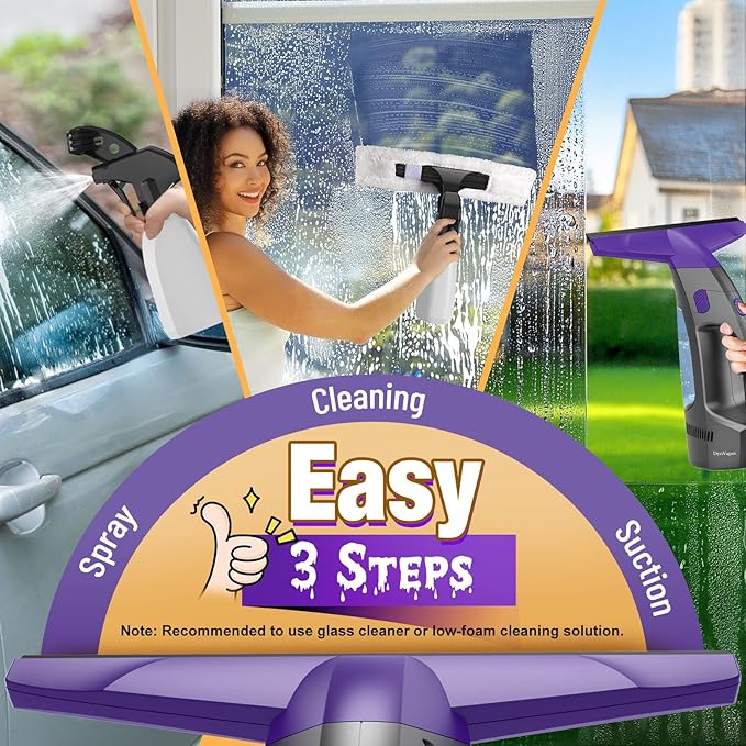 2000Pa and 2500mAh Electric Window Cleaner Tool with Gloves and 2 Cleaning Cloth Window Vacuum Squeegee Cordless with 360ml Spray Bottle &amp 100ml Water Tank for Window Mirror Countertop Tile