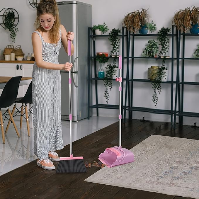 kelamayi Broom and Dustpan Set for Home Office Indoor&ampOutdoor Sweeping Stand Up Broom and Dustpan (Pink)