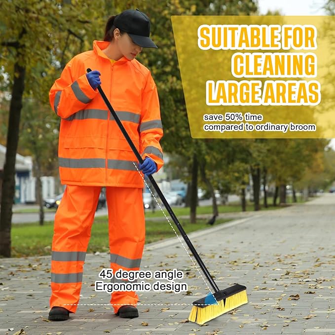 Zhehao 10 Pack 18 Inches Push Broom Outdoor Multi Surface Garden Brush Broom with Adjustable 63 Long Handle for Deck Driveway Patio Warehouse Garage Yard Concrete Floor Cleaning (Yellow)