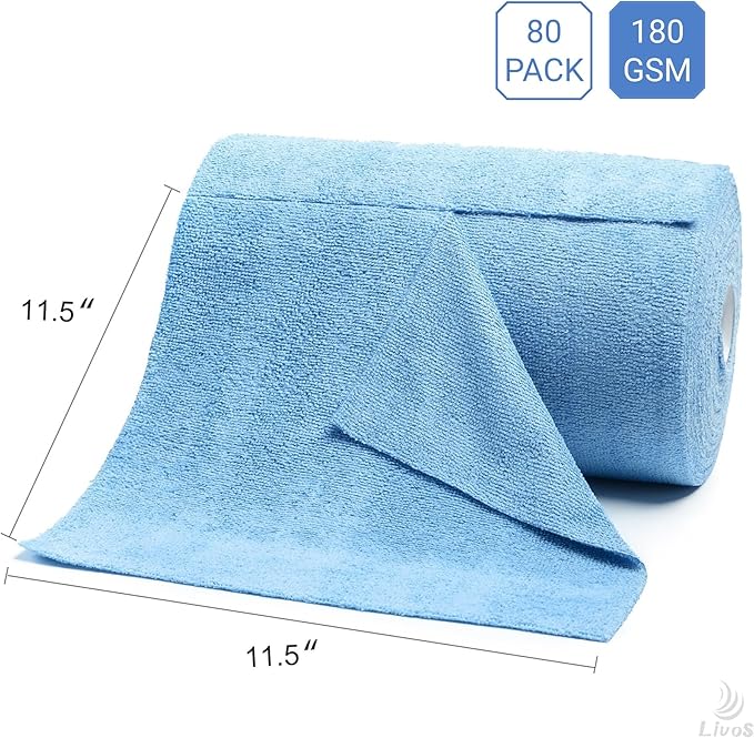 LIVOS Microfiber Cleaning Cloth Roll - 80 Pack Reusable Paper Towels Blue Tear Away Microfiber Towels for Cars Super Absorbent Lint Free Cleaning Rags for House Kitchen Window-11.5x11.5