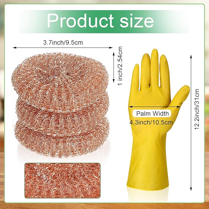 Hushee 50 Pack Copper Coated Scourers Rust Resistant Scrubbing Scouring Pad with 1 Pair of Rubber Household Cleaning Gloves Heavy Duty Copper Mesh Scourer for Dishes Pots Pans and Ovens