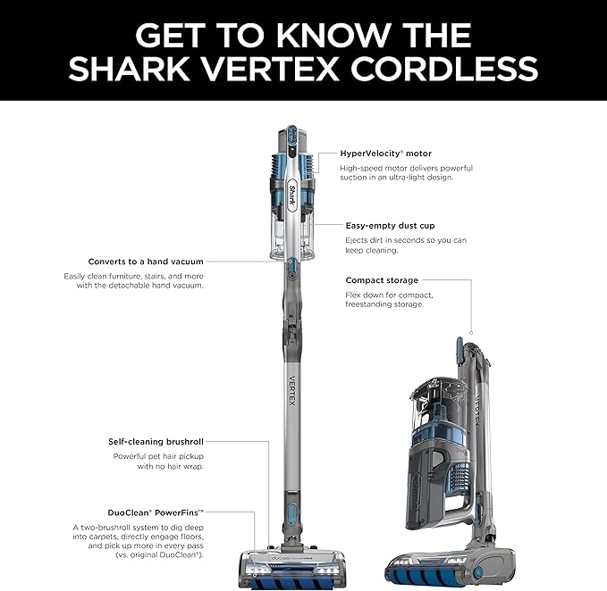 Shark IZ462H Vertex Ultra Lightweight Cordless Stick Vacuum with DuoClean PowerFins Crevice Pet Multi-Tool Anti-Allergen Brush Removable Handheld Flex 60 min Runtime Blue MultiFLEX