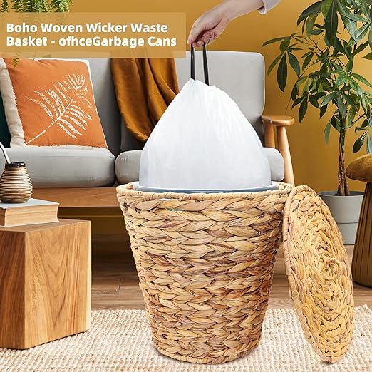 3 Gallons Wicker Waste Basket Can with Lid &amp Liner Handwoven Wastebasket Wastepaper Basket with 60Pcs Bag Wicker Trash Garbage Rubbish Can Bin Basket for Bedroom Bathroom Office Kitchen