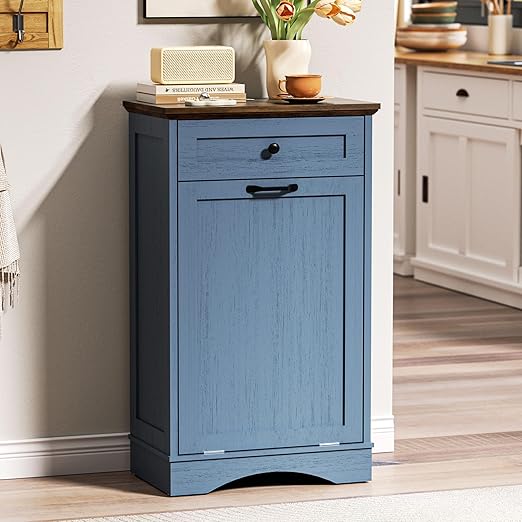 AHB 13 Gallons Tilt Out Trash Cabinet Hidden Trash Can Cabinet Freestanding Garbage Recycling Cabinet with Hideaway Drawer Pet Proof Trash Bin for Kitchen Living Room Blue
