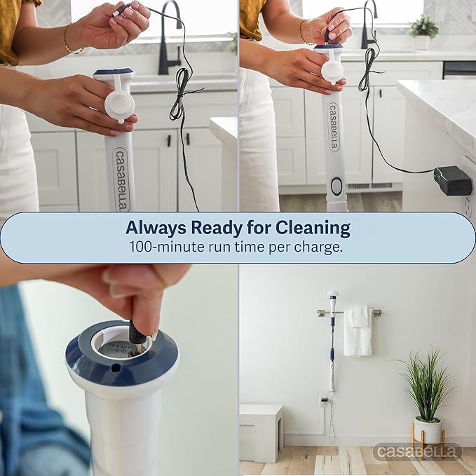 Casabella Power Spin Scrubber Extendable to 47.5” – Cordless Electric Cleaner for Shower Kitchen Bathroom Tile Tub Car Deck - Rechargeable Spin Brush with Adjustable Brush Head &amp 4 Attachme