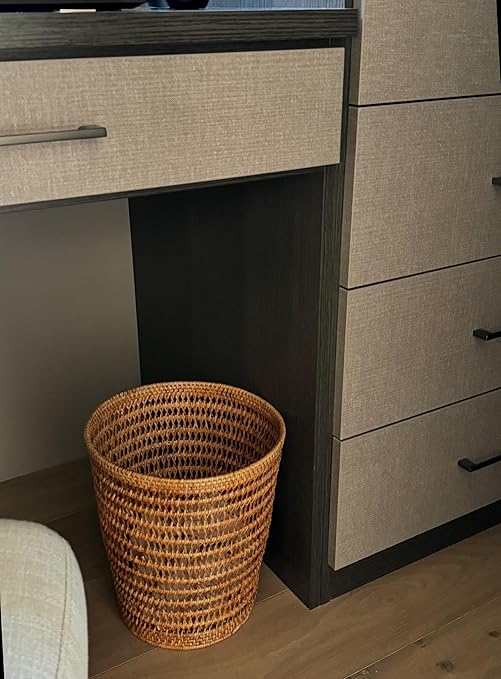 KOUBOO La Jolla Rattan Mesh Round Waste Basket Garbage Container Bin Wicker Waste Basket Woven Trash Can Rubbish Basket for Bedroom Bathroom 11 x 11 x 12 Honey Brown