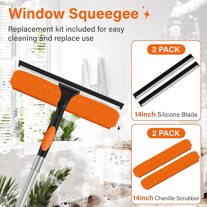 14 Window Squeegee with Extension Pole26FT Reach High Window Washers for High Outside WindowsProfessional Window Cleaning Tool Kit Include Replacement180°Rotatable Squeegee for Indoor/Outdoor