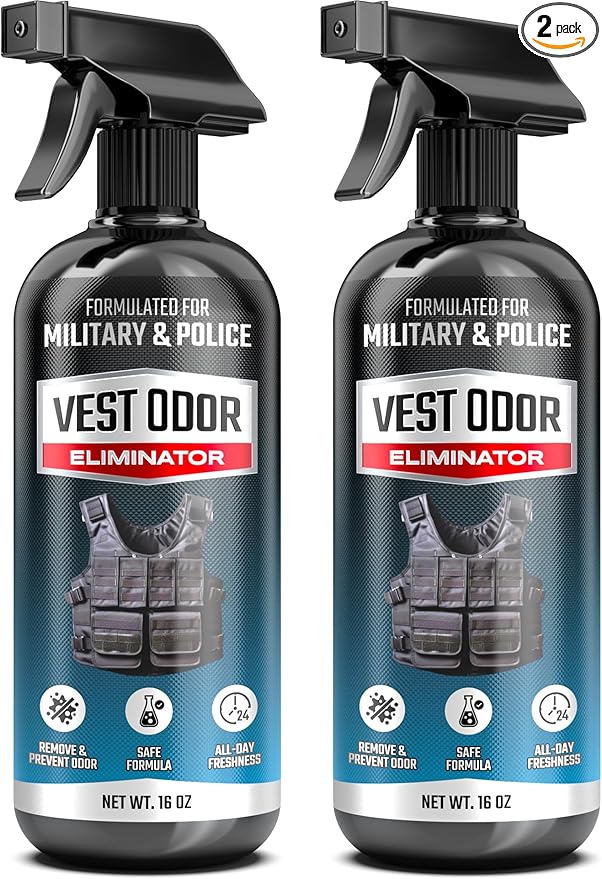 Vest Odor Remover Spray – for Police Gear Law Enforcement Accessories &amp Tactical Equipment – Non-Toxic Residue-Free Long-Lasting Fresh Scent – 2 Pack