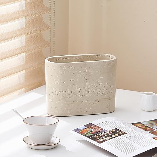 Natural Travertine Textures Mini Trash Can Small Counter Rectangle Trash Can for Bathroom Kitchen Table Desk Tiny Waste Basket for Vanity - Silicone Pad Anti Scratch Non-Slip (Made of Resin)