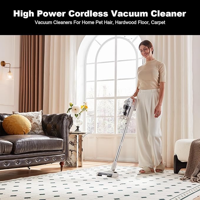 Cordless Vacuum Cleaner - Vacuum Cleaners for Home 45KPA 550W Stick Handheld Portable 60 Mins Runtime Rechargeable Battery Pet Hair Hardwood Floor Vac Household Lightweight Hand Vac V10 White