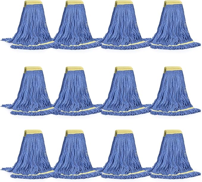 Matthew Cleaning Commercial Mop Head Replacement 5 Inch Wide Headband Looped End Cotton Blend String Wet Mops for Floor Cleaning 24 oz Large Case Pack 12 Pcs Blue