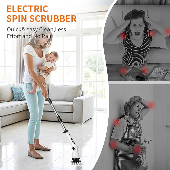Electric Spin Scrubber Power Electric Scrubber for Cleaning Shower Cordless Cleaning Brush with 6 Adjustable Angles8 Brush Heads 3 Speed Mode Electric Cleaning Brush for Bathroom/Tub/Floor/Tile