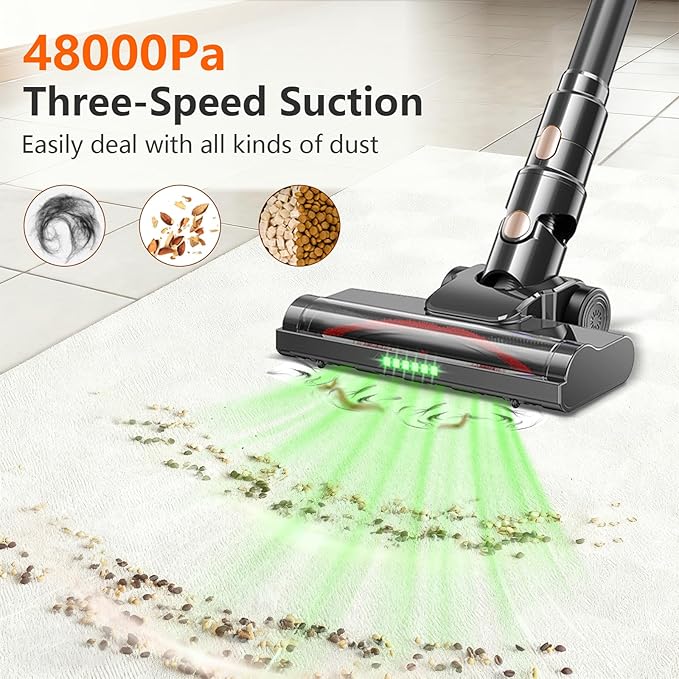 Cordless Vacuum Cleaner 600W 55KPA 60Mins Vacuum Cleaners for HomeAnti-tangle Wireless VacummRechargeable Vacuum With Green LightPowerful Stick Vacuum for Carpet/Hardwood FloorsPet HairBlack