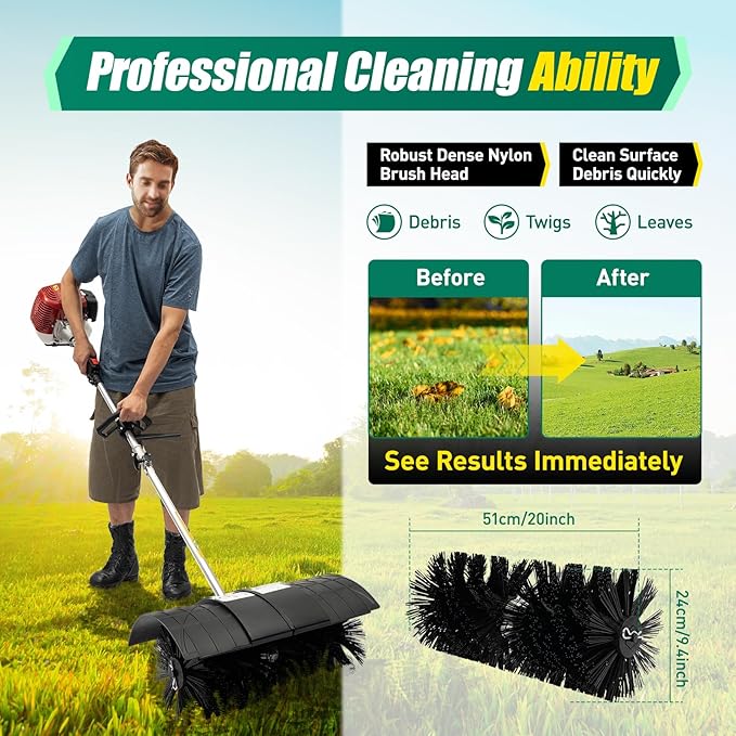 2-Stroke 1700W Gas Power Snow Sweeping Broom52cc Handheld SweeperSingle Cylinder Walk Behind Handheld SweeperCleaning Driveway Turf Lawns Power Brush Lawn Sweeper Cleaner Tools