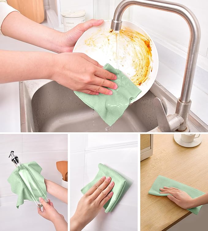 KitchLife Microfiber Cleaning Cloth Roll 100 Pack - Tear-Away Microfiber Paper Towels Lint-Free Reusable Washable for Kitchen Car Dishes and Sensitive Surfaces (Bean Green)