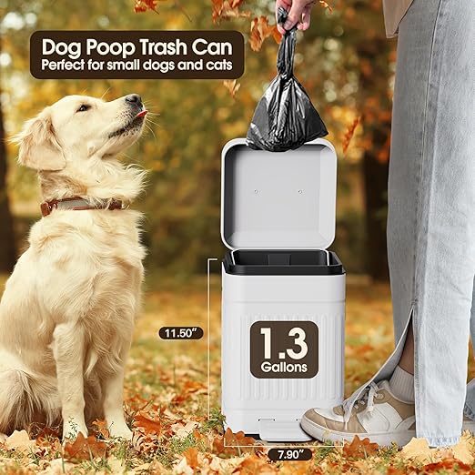 CEROELDA Small Trash Can with Lid-5L/1.3 Gal Stainless Steel Outdoor Dog Poop Garbage Can-Farmhouse Retro Metal Waste Bin w/Step Pedal for Bathroom Bedroom Office-Soft Close-White