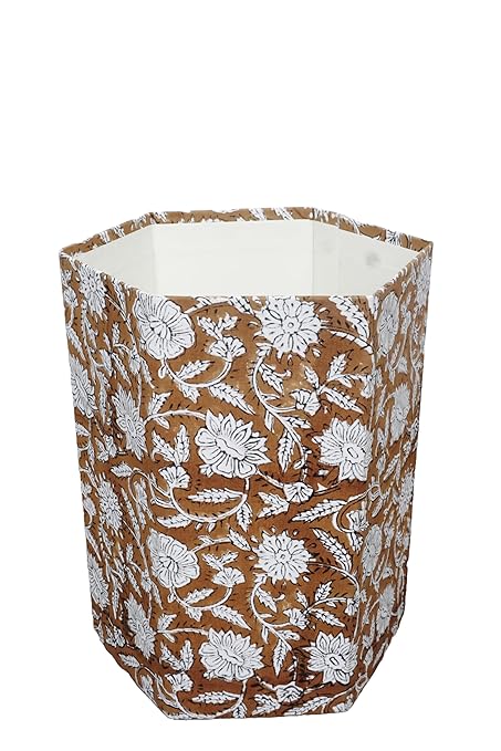 3.3 Gallon Cotton Hand Block Printed Paper Waste Basket |Small Decorative Trash Can for Housewarming Gifts in Living Room Bedroom Bathroom | Eco-Friendly Plastic-Free (1 Brown White FLOWAR)