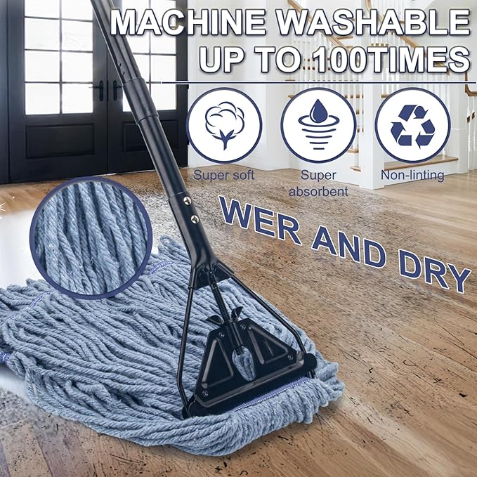 Commercial Industrial Mop for Floor Cleaning 3 Extra Large Reusable Replacement Head with 59 Long HandleHeavy Duty Looped-End String Wet Cotton Mop for HouseKitchenOfficeGarageTile Floor