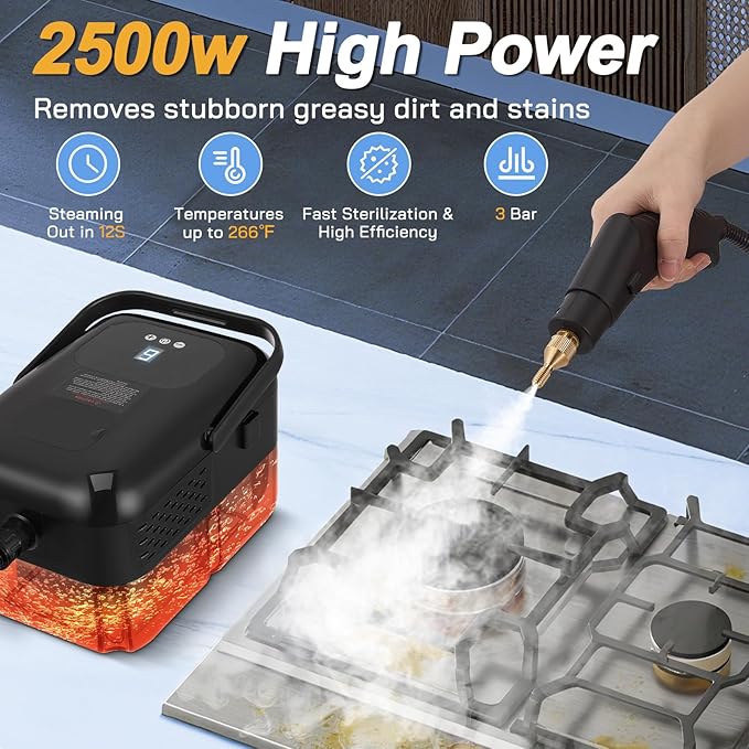 ALILYY Steam Cleaner 2500W Handheld Steam Cleaner for HomeSteamer for Cleaning with 42oz Water Tank6 Cleaning Attachments for Cleaning Stubborn StainsGreaseFloorsCouches &amp CarsBlack