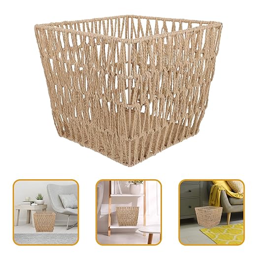 ARTIBETTER Woven Waste Basket Handcrafted Trash Can with Hollow Design 13.5 Inch Light Brown Woven Wastepaper Bin for Home Bathroom Kitchen Storage and Organization