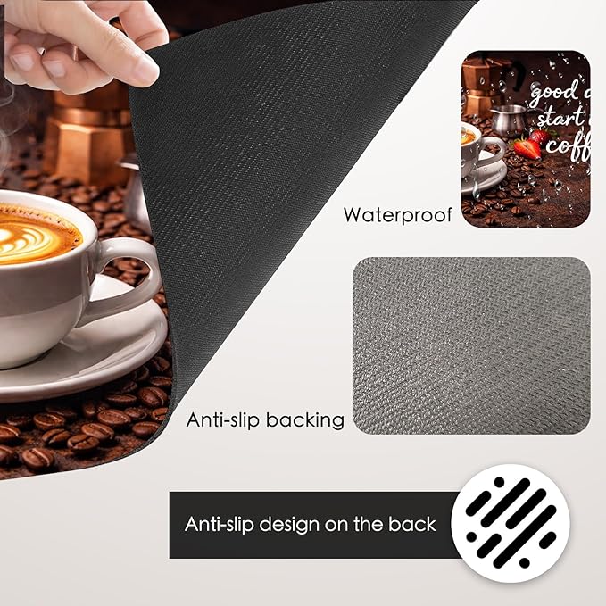Nuxovilar Coffee Bar Mat Latte Art Scene Pattern Dish Drying Pad Natural Rubber Canvas 16.92 x 31.1 inchs Coffee Accessories Countertop Beverage Station Kitchen