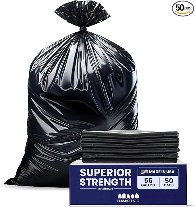 Plasticplace 56 Gallon Trash Bags │ 2.5 Mil │ Black Heavy Duty Liners Fits Glutton Garbage Can │ 43” x 46” (50Count) (B00OY28BCY)