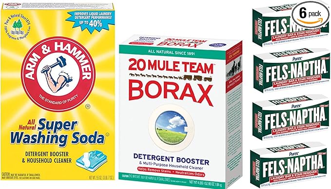 Laundry Soap Kit - Fels Naptha 4 bars 20 Mule Team Borax Natural Laundry Booster &amp Arm &amp Hammer Super Washing Soda