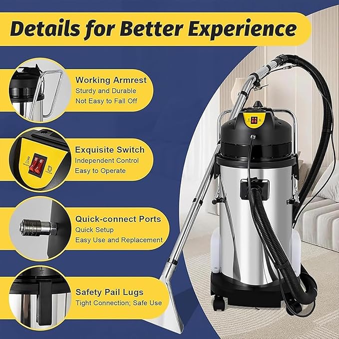 Commercial Carpet Steam Cleaner Extractor Vacuum Washing Machine Separate Clean Water Tank and Waste Water Tank Portable Suction Hose with 6 Tools and Wheels for HotelsDry Cleaners (60L)