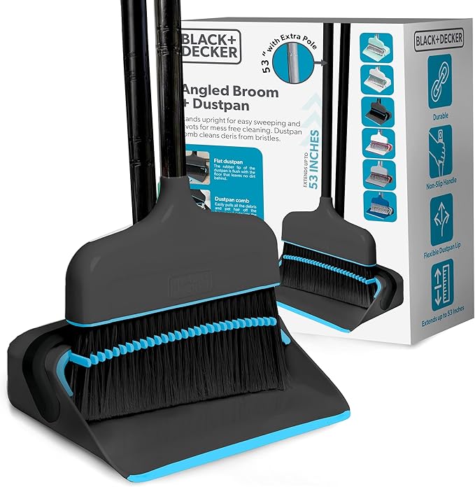 BLACK+DECKER Butler Broom &amp Dustpan Set - Short Handle Stand-Up Design - Lightweight Space-Saving Combo for Kitchen Living Room Bathroom Lobby Floors - Home Cleaning Essential Black/Blue