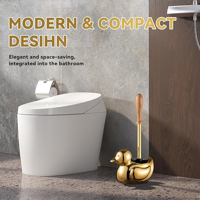 Duck Toilet Brush and Holder Set - Ceramic Bathroom Toilet Scrubber Brush Organizer with Wooden &amp Stainless SteelHandle Gold Toilet Brush &amp Cute Duck Design for Bath Decor Storage