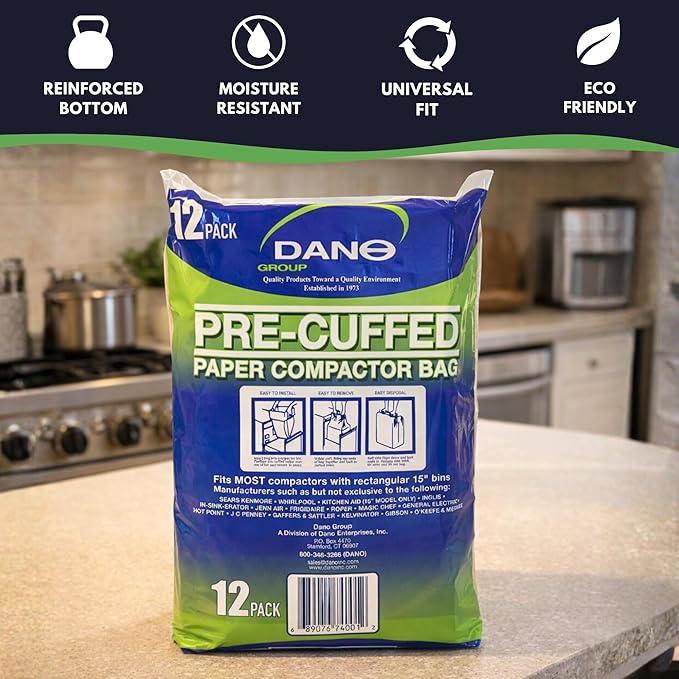 Dano Pre-Cuffed Paper Trash Compactor Bags (50 Pack) | Heavy Duty Kitchen Garbage Compactor Bags &amp Liners | 16 Gallon Precuffed Garbage Bag for Compactor | Eco-Friendly Compactor &amp Trash Bag