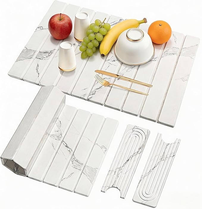 3PCS Set Large Stone Drying Mat for Kitchen Counter Foldable Collapsible Fast Drying Stone Dish Mat Water Absorbing Natural Diatomaceous Earth Bath Mat Quick Dry Stone Tray Bathroom Countertop Marble