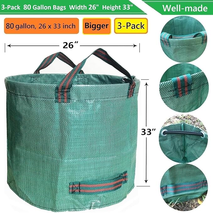 Professional 3-Pack 80 Gallons Lawn Garden Bags (D26H33 inch) Reusable Yard Waste Bags with Gardening Gloves for Leaf BagGarden PruningPatio Trash ContainerLawn WeedsGrass Clippings Bag 4 Handles