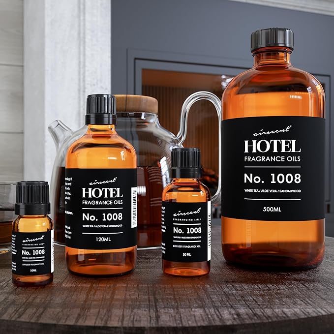 AirScent Hotel Diffuser Oil No. 1008 - White Tea Aloe Vera &amp Sandalwood - Premium Fragrance Oil for Ultrasonic and Waterless Diffusers and Crafting - 500 mL 16.9 fl oz Glass Bottle