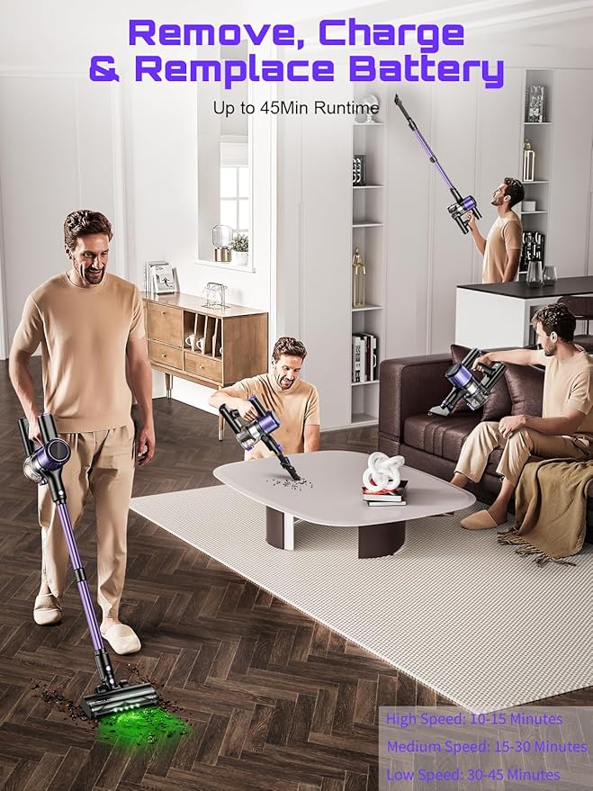 Cordless Vacuum Cleaner 45KPA /10-in-1 Stick Vacuum with 29-inch Hose 45Mins Runtime Vacuum Cleaners for Home Anti-Tangle Brush Lightweight Rechargeable Vacuum for Hardwood Floor (Purple)