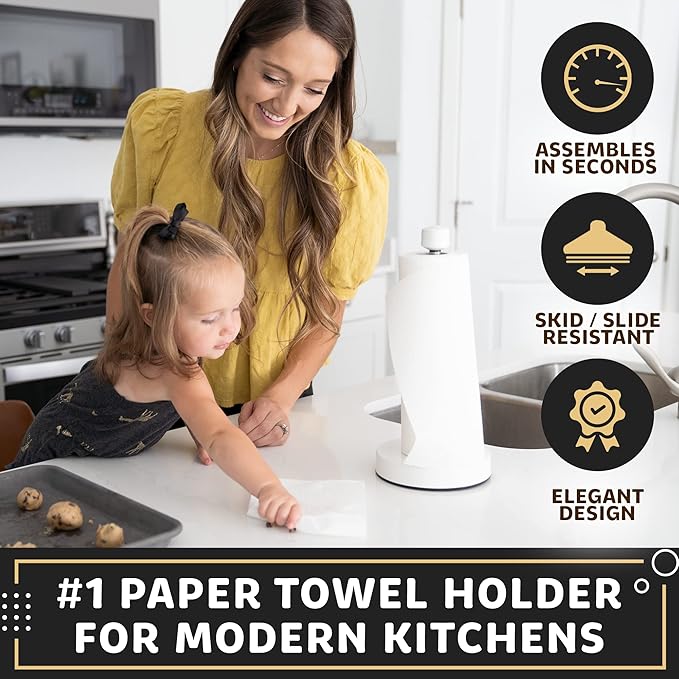 Heavy-Duty Stainless Steel Paper Towel Holder - Easy One-Handed Tear with Suction Cups - Modern Weighted Standing Countertop Dispenser for Kitchen - Holds All Paper Towel Rolls White