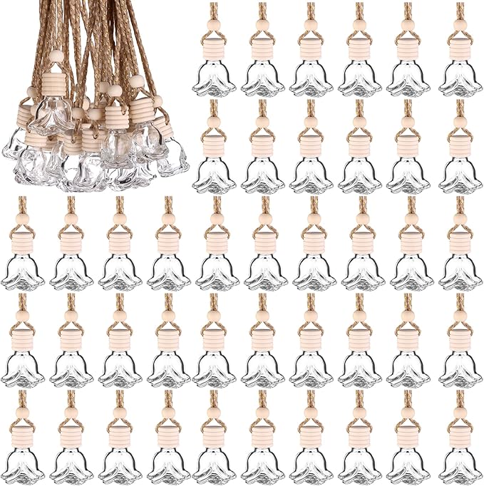 50 Pcs 8ml Hanging Car Air Freshener Diffuser Empty Clear Glass Essential Diffuser Oil Aromatherapy Fragrance Perfume Pendant Rose Shape with Wooden Cap Hanging String Car Diffuser Bottle