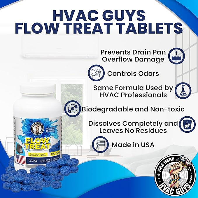 HVAC GUYS – Flow Treat Tabs - 2400 Tablets | AC Drain Line Cleaner | Prevents Odors Keeps HVAC Drain Pan Clean Prevents Overflow | One Tablet Lasts up to 4 Weeks