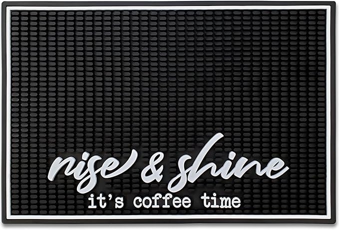 New Mungo Coffee Bar Mat – “Rise &amp Shine It’s Coffee Time” – Spill-Proof PVC Coffee Station Mat Non-Slip Countertop Protector 18x12