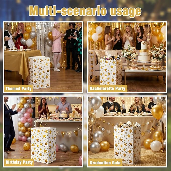 Tinlade 6 Pack 13 Gallon Gold Star Disposable Trash Cans Extra Large Thickened Waterproof Reusable Garbage Bins Foldable Pop up Recycling Bins for Graduation Holiday Party School Gatherings
