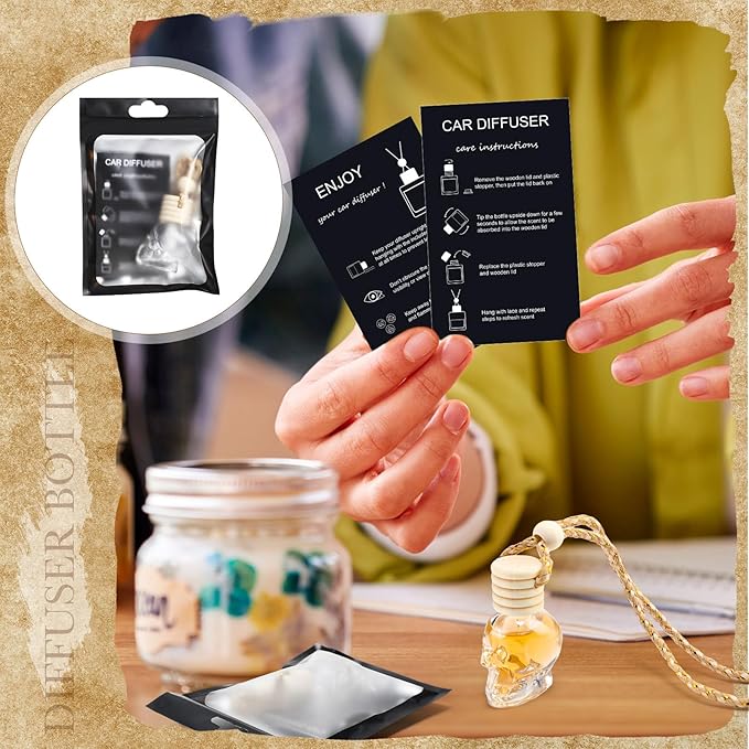 Boao 100 Sets Hanging Car Air Freshener Diffuser Bottles with Instruction Card and 4 x 6'' Resealable Holographic Bag for Empty Car Essential Oil Perfume Bottles Packaging (Black CardSkull)